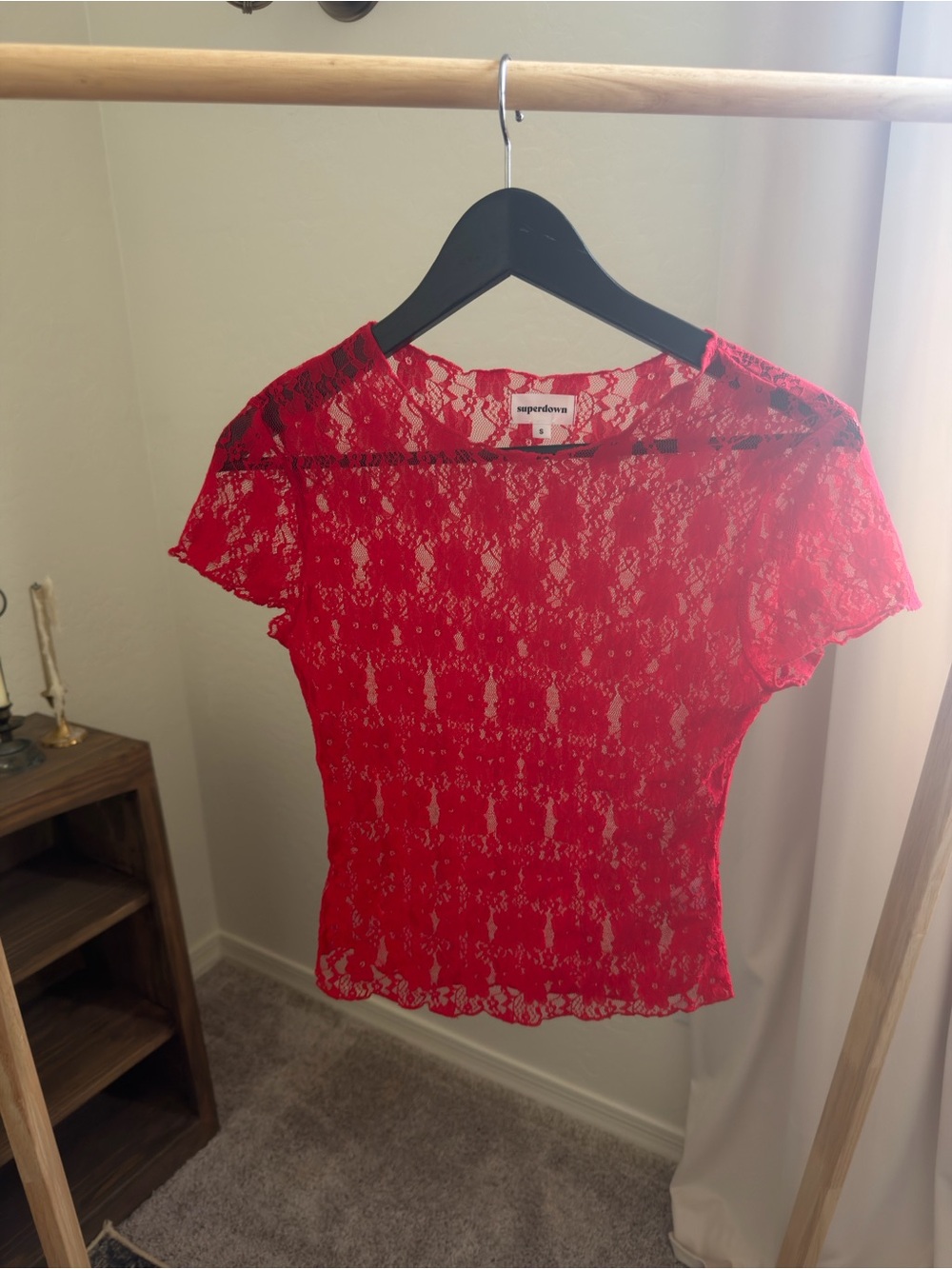 superdown Red Lace Short Sleeve Sheer Top